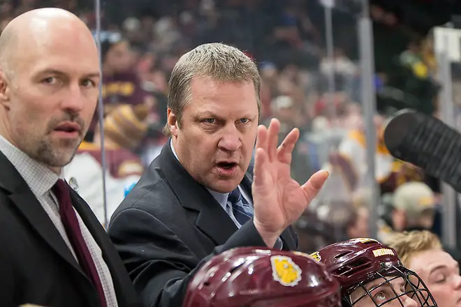 28 Jan 17: Brett Larson (Minnnesota Duluth - Assistant Coach, Scott Sandelin (Minnesota Duluth - Head Coach). The University of Minnesota Duluth Bulldogs play against the St. Cloud State University Huskies in the Championship game of the North Star College Cup at the Xcel Energy Center in St. Paul, MN. (Jim Rosvold)