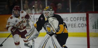 Alex Leclerc of Colorado College. Colorado College at Denver, Magness Arena, 12/08/17. (Candace Horgan)