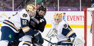 Kasper Björkqvist (20 - Providence), Andrew Peeke (22 - Notre Dame), Cale Morris (32 - Notre Dame) (2018 Omar Phillips)