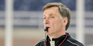 Wayne Wilson (RIT - Head Coach) - The Rochester Institute of Technology (RIT) Tigers practiced on Wednesday, April 7, 2010, at Ford Field in Detroit, Michigan to prepare for their 2010 Frozen Four Semi-Final. (Melissa Wade)