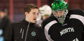 Karl Goehring (North Dakota - Volunteer Assistant Coach) and Clarke Saunders (North Dakota - 33) - The University of North Dakota players practiced at Philadelphia