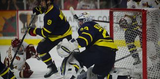 Craig Pantano of Merrimack. Merrimack vs. Denver at Magness Arena, Dec. 29. 2017. (Candace Horgan)