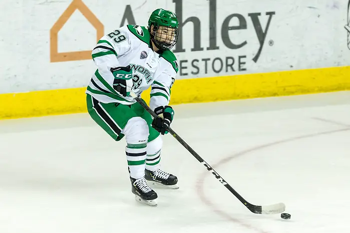 Jordan Kawaguchi (North Dakota-29) 2019 January 12 University of North Dakota hosts Colorado College in a NCHC matchup at the Ralph Engelstad Arena in Grand Forks, ND (Bradley K. Olson)