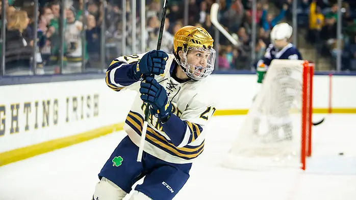 during Big Ten action between University of Notre Dame vs Penn State at Compton Family Ice Arena on December 14, 2019 in South Bend, Indiana. (Mike Miller/Fighting Irish Media)