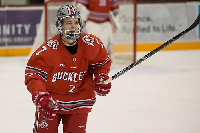 16 Feb 18:  Wyatt Ege (Ohio State - 7). The University of Minnesota Golden Gophers host the Ohio State University Buckeyes in a B1G matchup at Mariucci Arena in Minneapolis, MN (Jim Rosvold/USCHO.com)