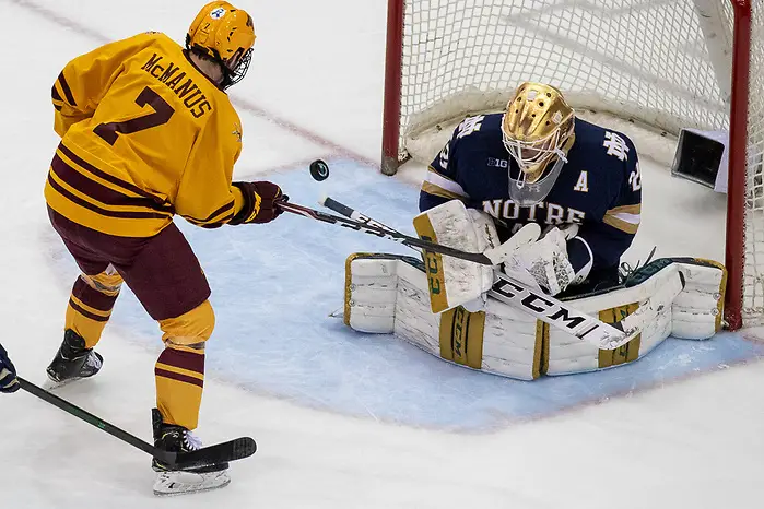 02 Nov 19: Brannon McManus (Minnesota - 7), Cale Morris (Notre Dame - 32). The University of Minnesota Golden Gopher host the University of Notre Dame Fighting Irish in a B1G matchup at 3M Arena at Mariucci in Minneapolis, MN. (Jim Rosvold)